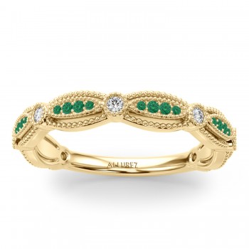 Antique Style & Emerald Wedding Band Ring 14K Yellow Gold (0.20ct)